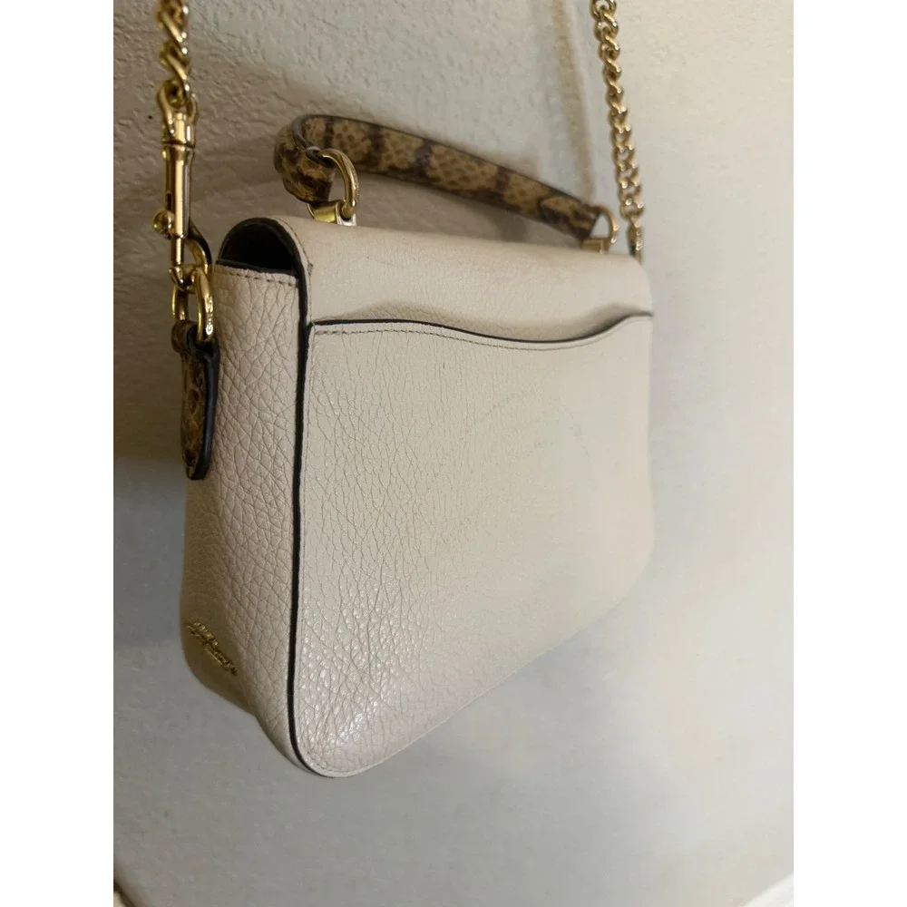 Coach Chalk White Pebbled Leather Top Handle Crossbody Bag Snakeskin Trim Gold